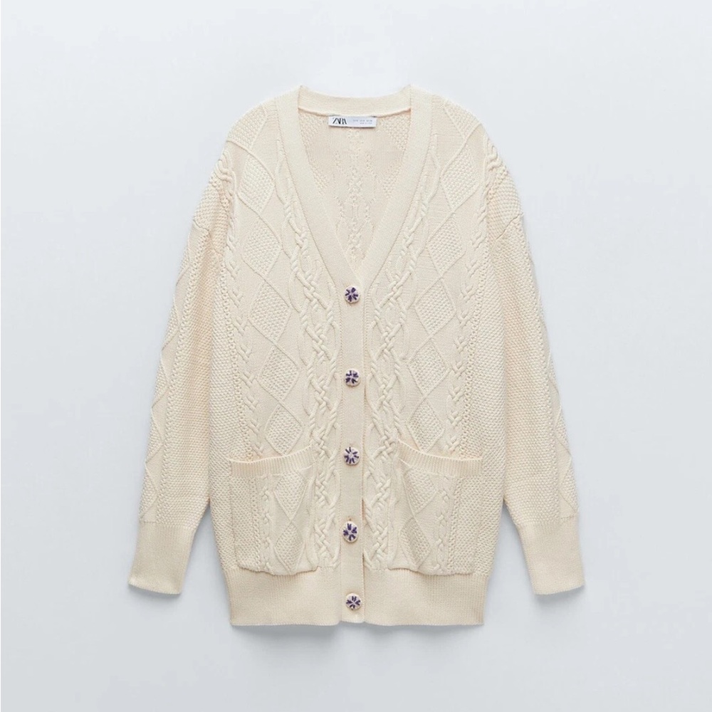 Zara Cream Cable Knit Cardigan Sweater